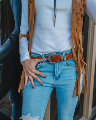 Western Tooled Vintage Buckle Leather Belt - Belt - mostwantedusa