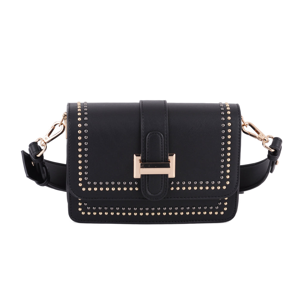 Front of Black Gold and Silver Studded Camera Strap Crossbody | Most Wanted USA