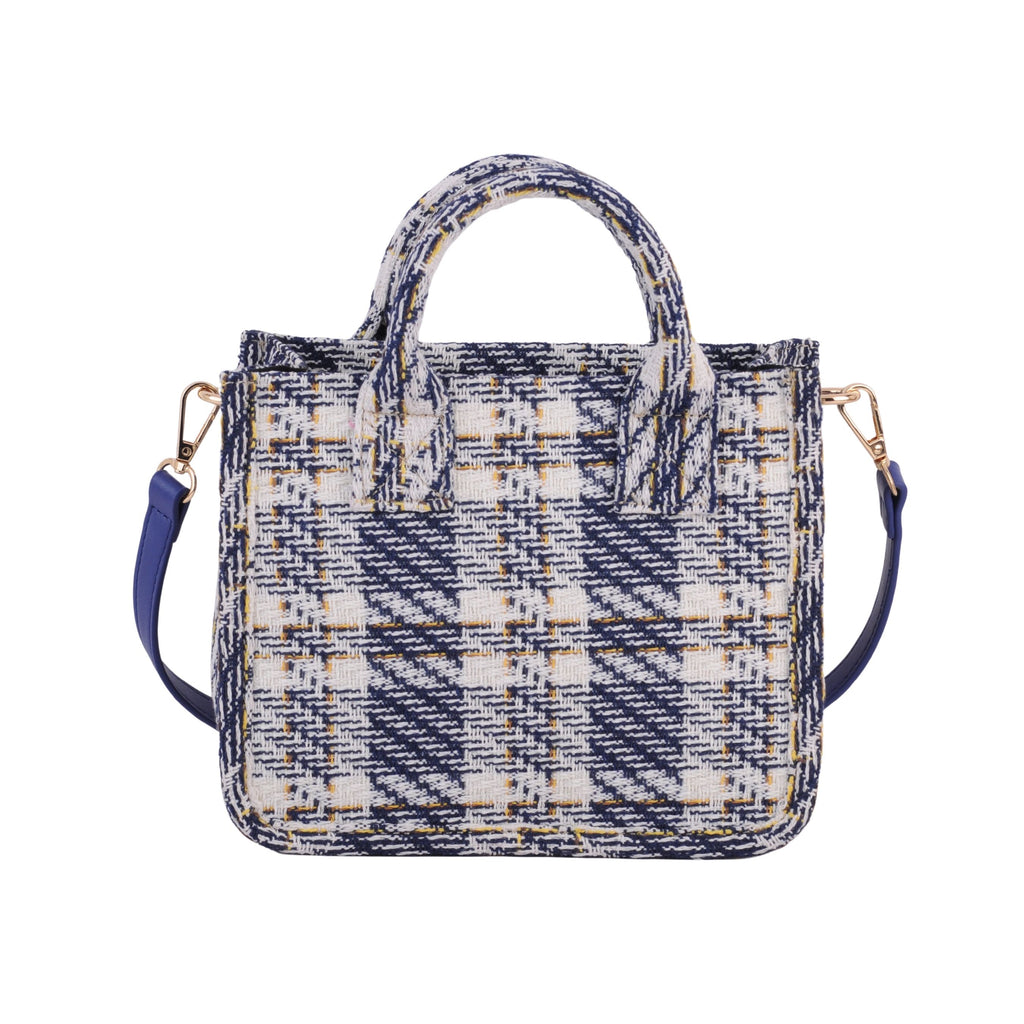 Front of Blue Top Handle Tweed Square Crossbody | Most Wanted USA