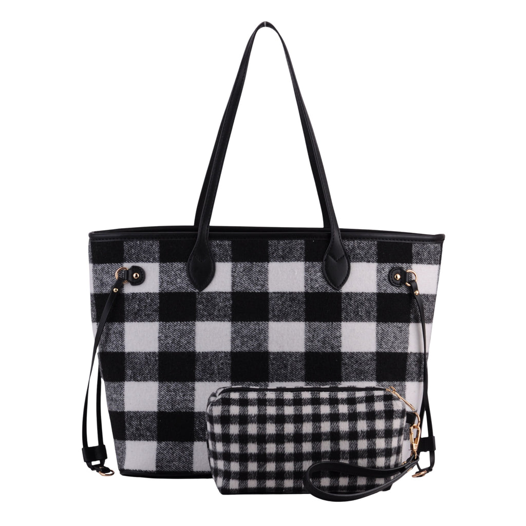 Front of Black Buffalo Plaid Large Tote With Matching Pouch | Most Wanted USA