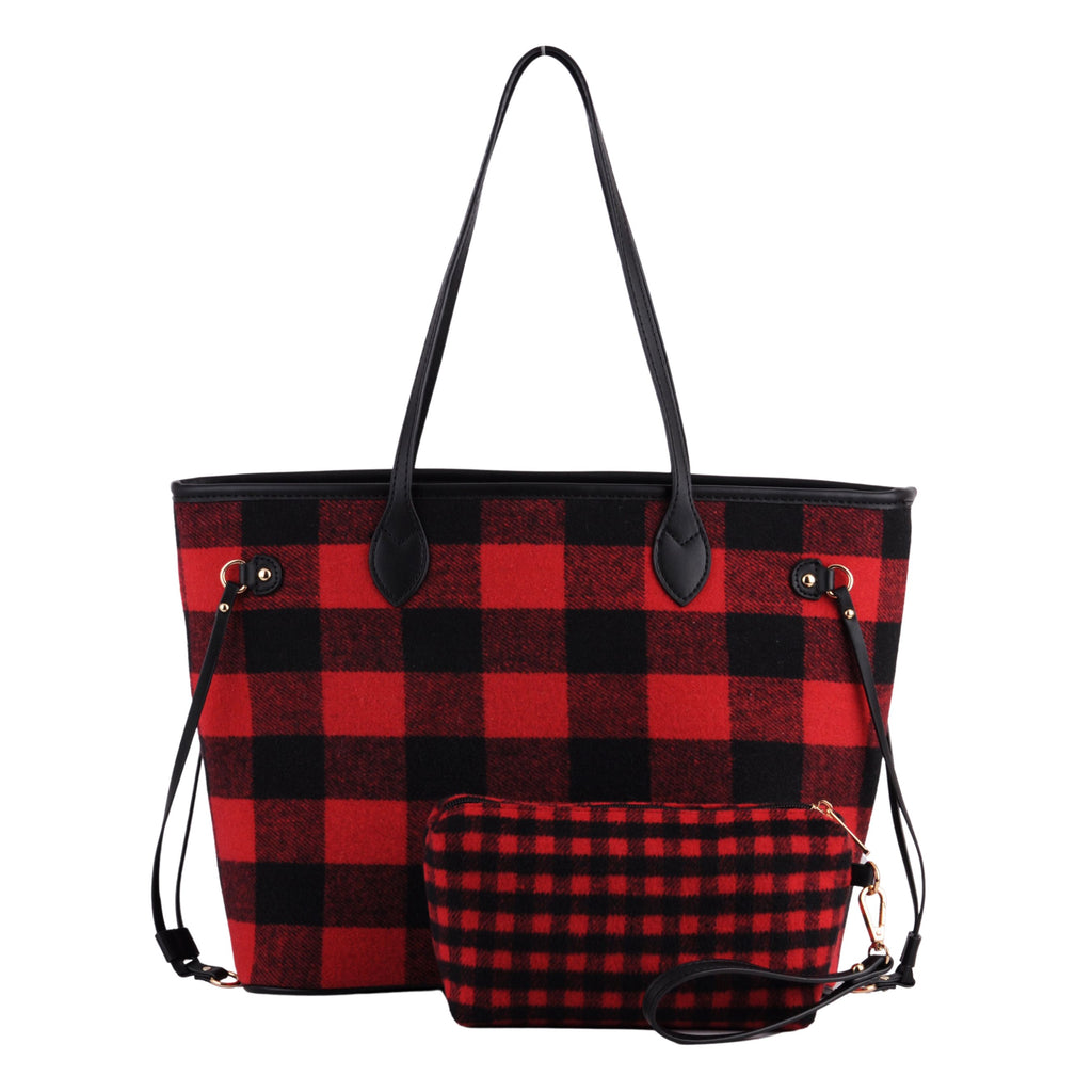 Front of Red Buffalo Plaid Large Tote With Matching Pouch | Most Wanted USA