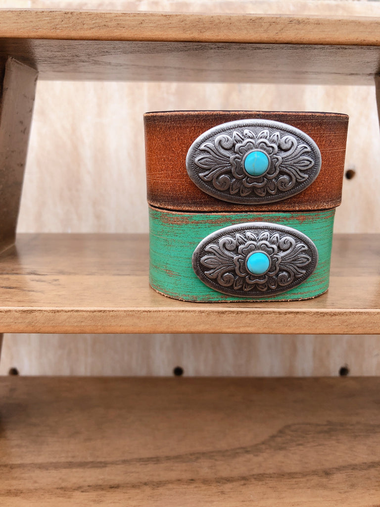 452B - Turquoise Centered Concho On Handpainted Leather Bracelet - Most Wanted USA
