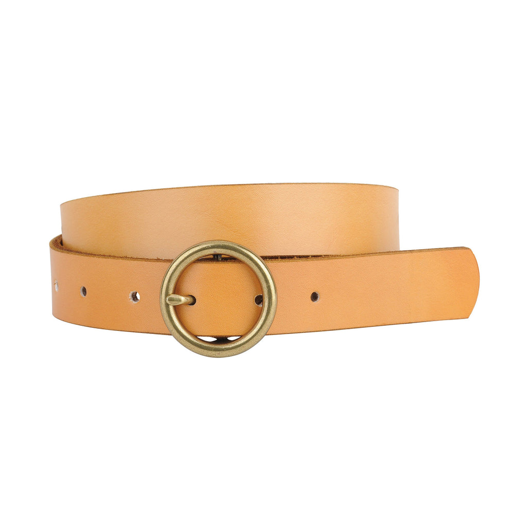 Camel Brass-Toned Circle Buckle Leather Belt Most Wanted USA