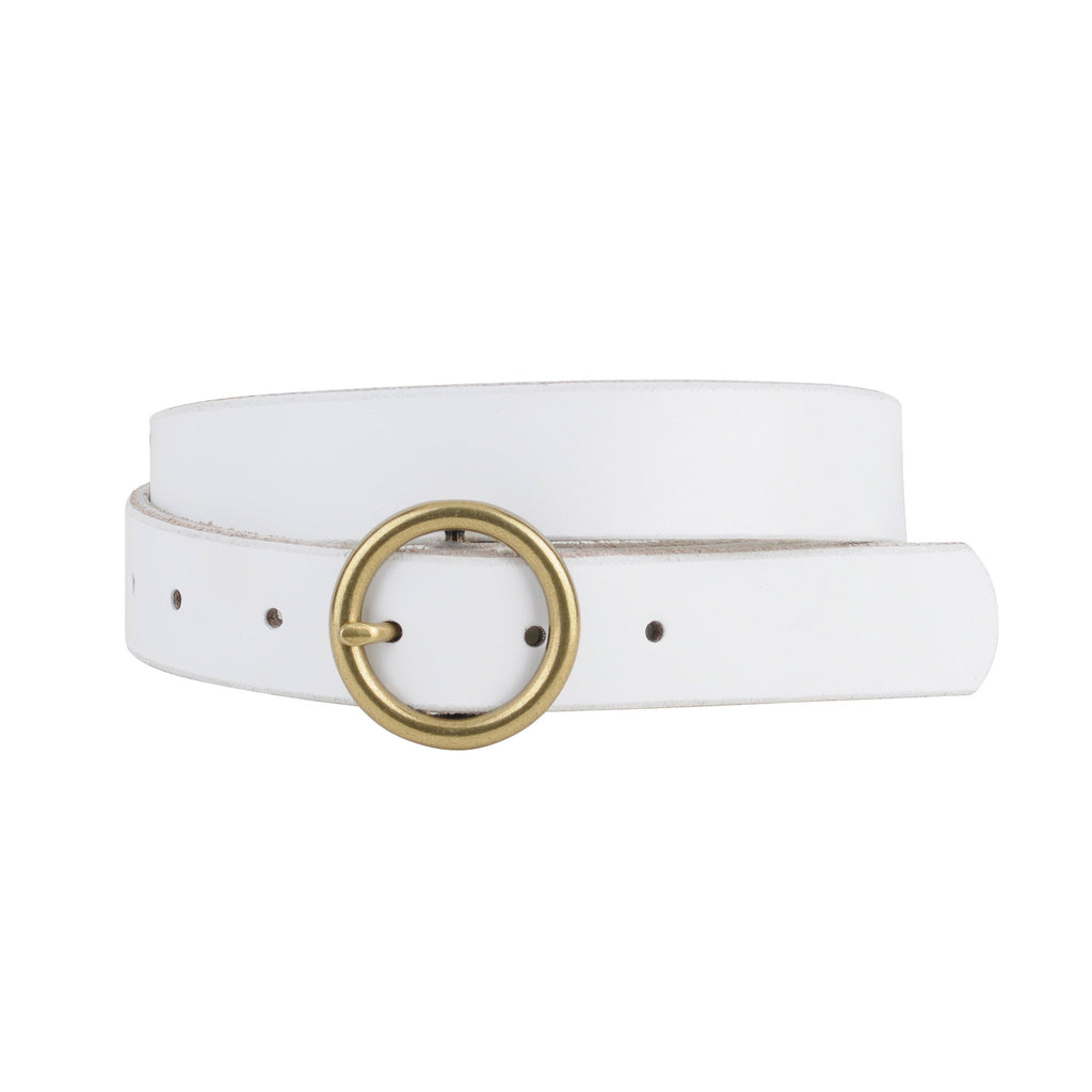 White Brass-Toned Circle Buckle Leather Belt Most Wanted USA