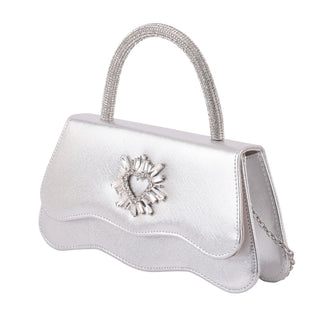 Metallic Silver Bag with Rhinestone Heart Hardware