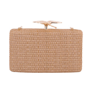 Dragonfly Hardware Raffia Clutch with Chain Crossbody