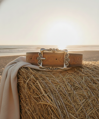 Silver Filigree Buckle Leather Belt