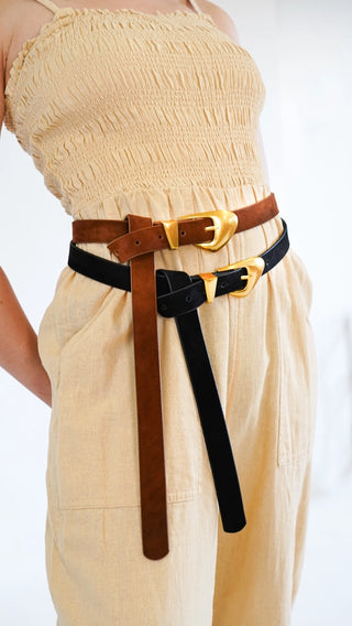 Skinny Suede Liquid Gold Buckle Belt- Ships July 21st