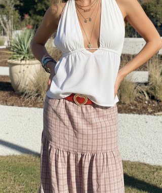 Stitched Clean Leather Belt with Heart Buckle