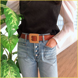 Woven Straw Square Buckle Leather Belt