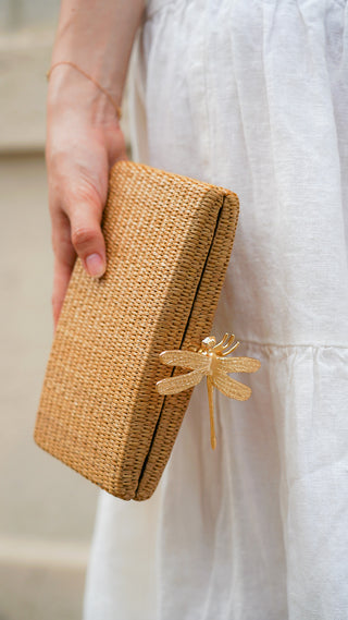 Dragonfly Hardware Raffia Clutch with Chain Crossbody