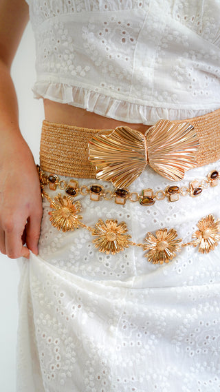 Embossed Gold Shell Buckle Stretch Belt Natural / SM Embossed Gold Shell Buckle Stretch Belt Natural / SM