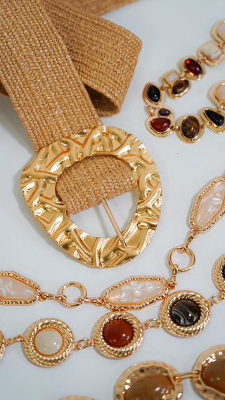 Embossed Gold Buckle Raffia Stretch Belt