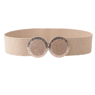Wide Raffia Stretch Belt with Woven Rope Spiral Double Circle Buckle