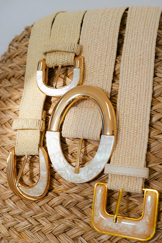 Two-Tone Sculpted Curve Buckle Raffia Belt