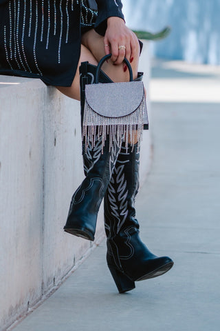 Black Square Handbag with Rhinestone Fringe - Handbag - mostwantedusa