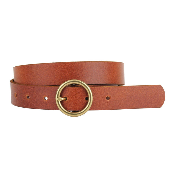 Most Wanted Women\'s Brown  Leather Gold Tone Hammered Round Buckle  Belt Brass-Toned Circle Buckle Minimalist Leather Belt – Most  main image 3