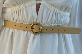 Brass - Toned Circle Buckle Leather Belt - Belt - mostwantedusa