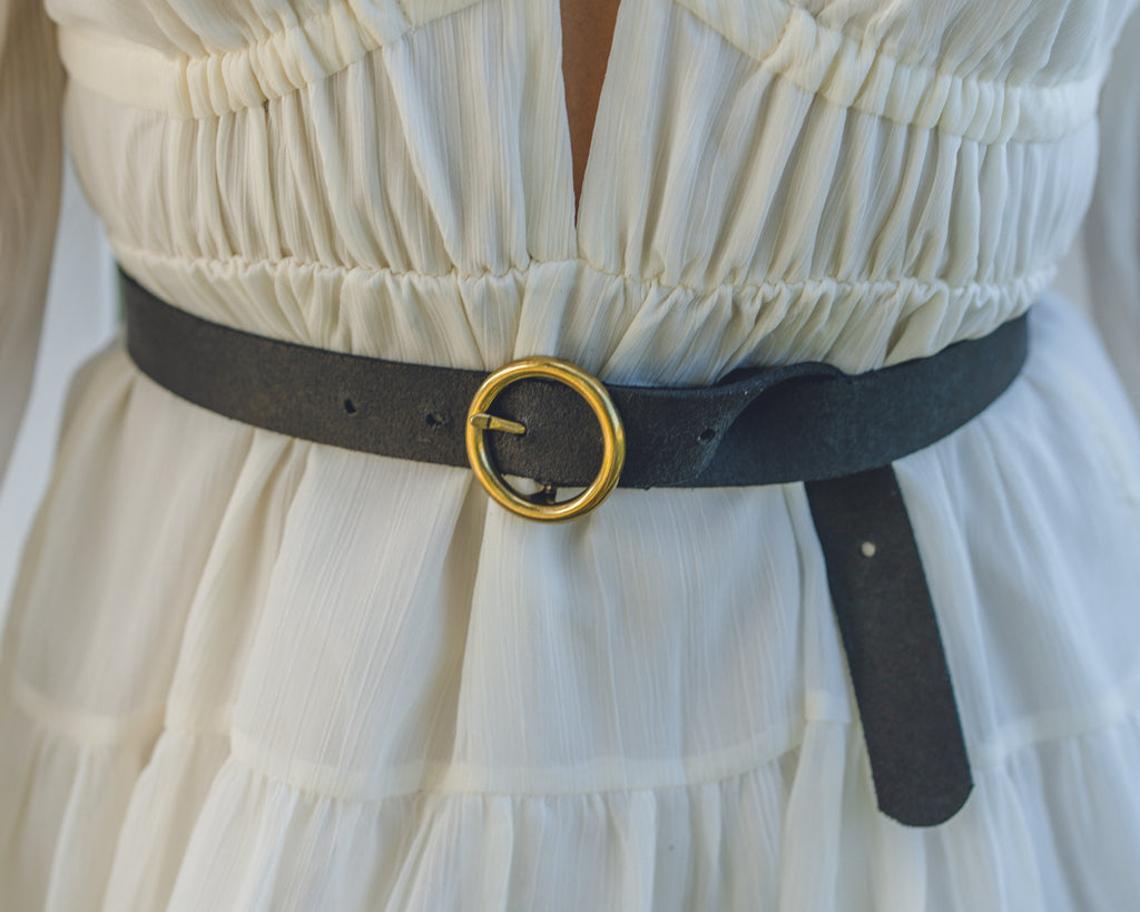 Women - Brass-Toned Circle Buckle Leather Belt - mostwantedusa