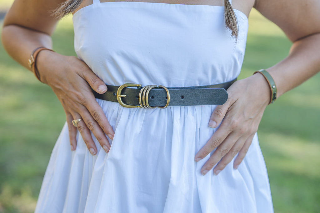 Women - Multi D-Ring Genuine Leather Belt- Black/Tan - mostwantedusa