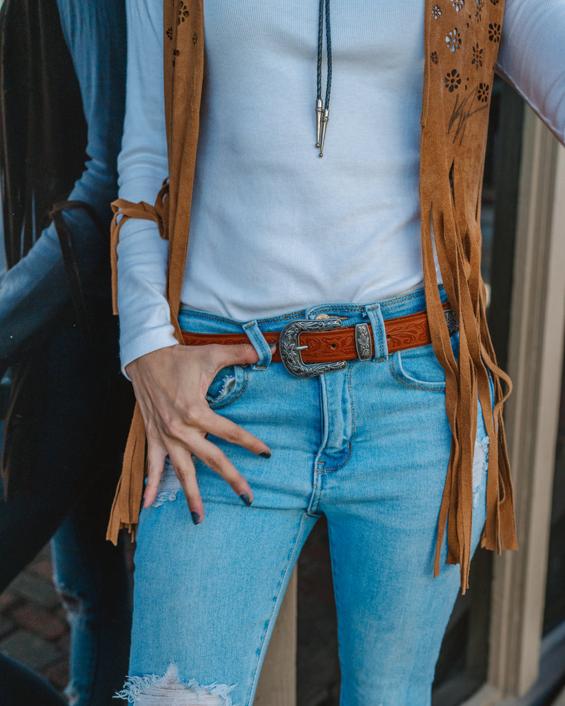 Women - Western Tooled Vintage Buckle Leather Belt - mostwantedusa