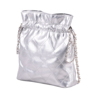 Quilted Metallic Drawstring Bag with Chains - Handbag - mostwantedusa