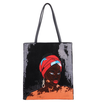 Sequin Tote with Woman Wearing Bandana - Handbag - mostwantedusa