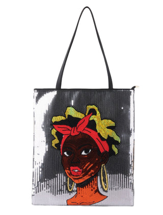 Sequin Tote with Woman's Portrait - Handbag - mostwantedusa