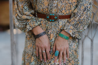 Tooled Belt with Round Turquoise Stone Buckle - Belts - mostwantedusa