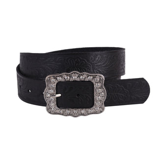 Tooled Leather Belt with Vintage Rhinestone Frame Buckle - Belts - mostwantedusa