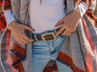 Tooled Leather Belt with Vintage Rhinestone Frame Buckle - Belts - mostwantedusa