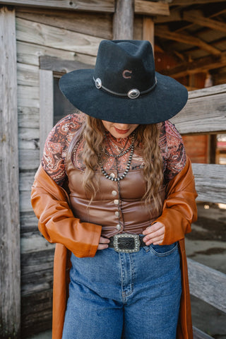 Tooled Leather Belt with Vintage Rhinestone Frame Buckle - Belts - mostwantedusa