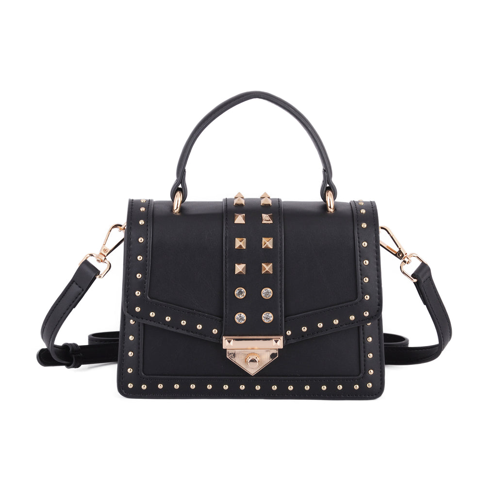 Front of Black Studded Rhinestone Flap Satchel | Most Wanted USA