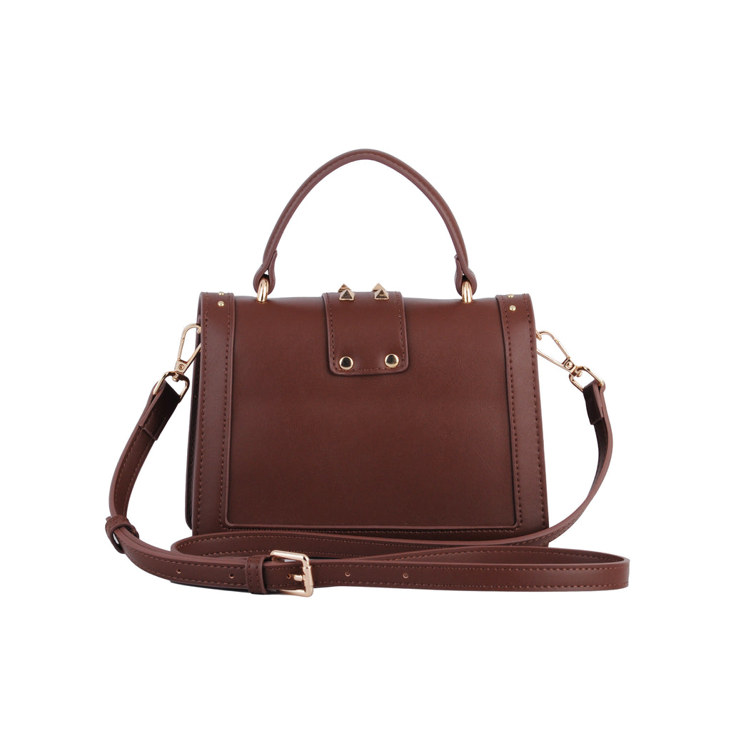 Back of Mocha Studded Rhinestone Flap Satchel | Most Wanted USA