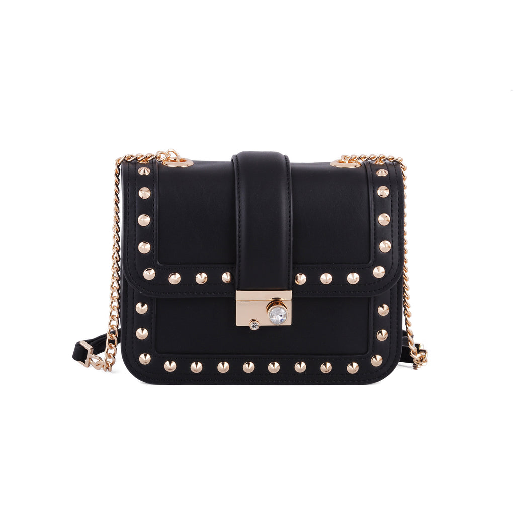 Front of Black Stud Lined Rhinestone Buckle Crossbody | Most Wanted USA