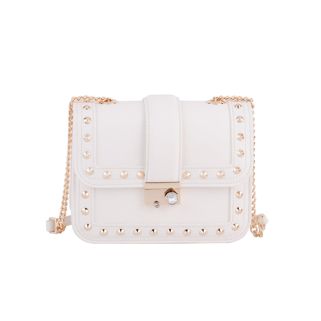 Front of Ivory Stud Lined Rhinestone Buckle Crossbody | Most Wanted USA