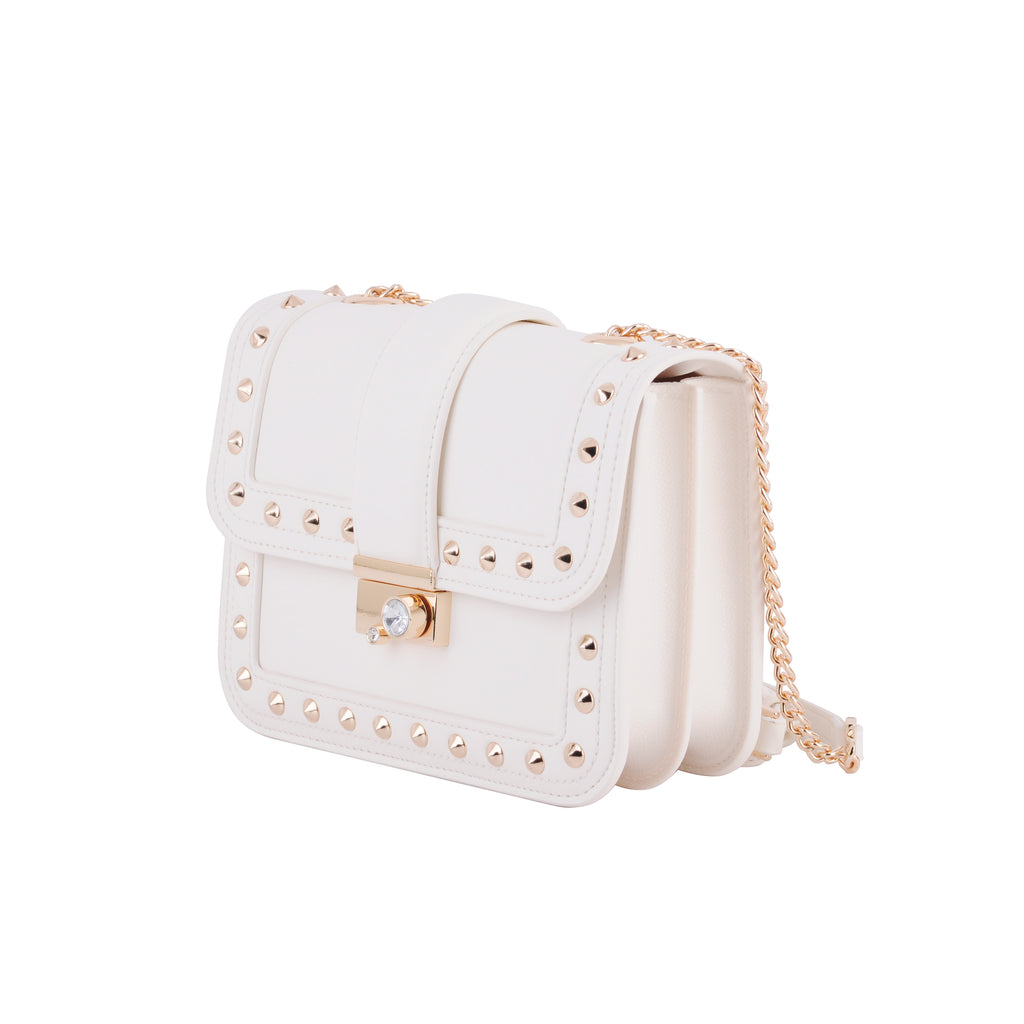 Side of Ivory Stud Lined Rhinestone Buckle Crossbody | Most Wanted USA