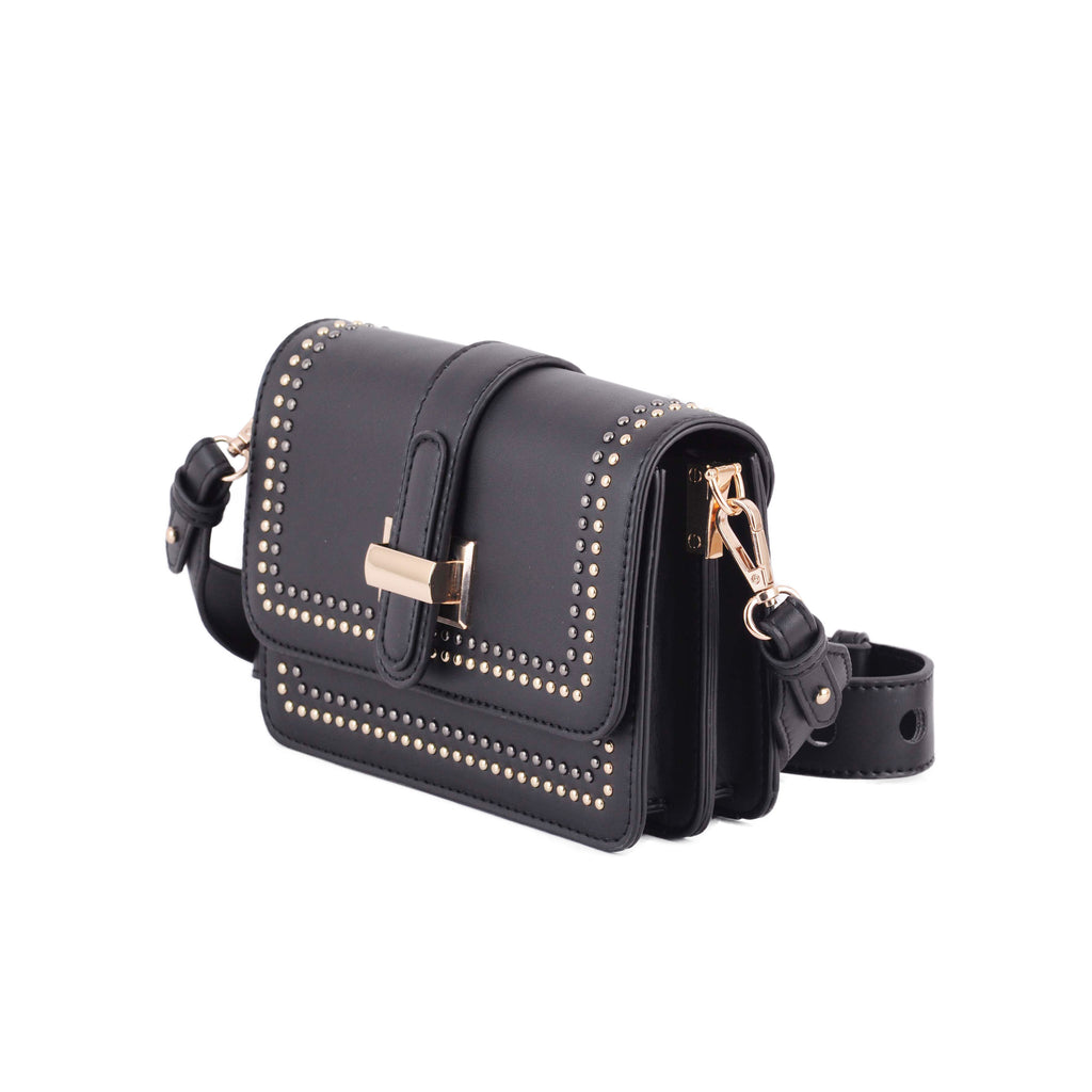 Side of Black Gold and Silver Studded Camera Strap Crossbody | Most Wanted USA