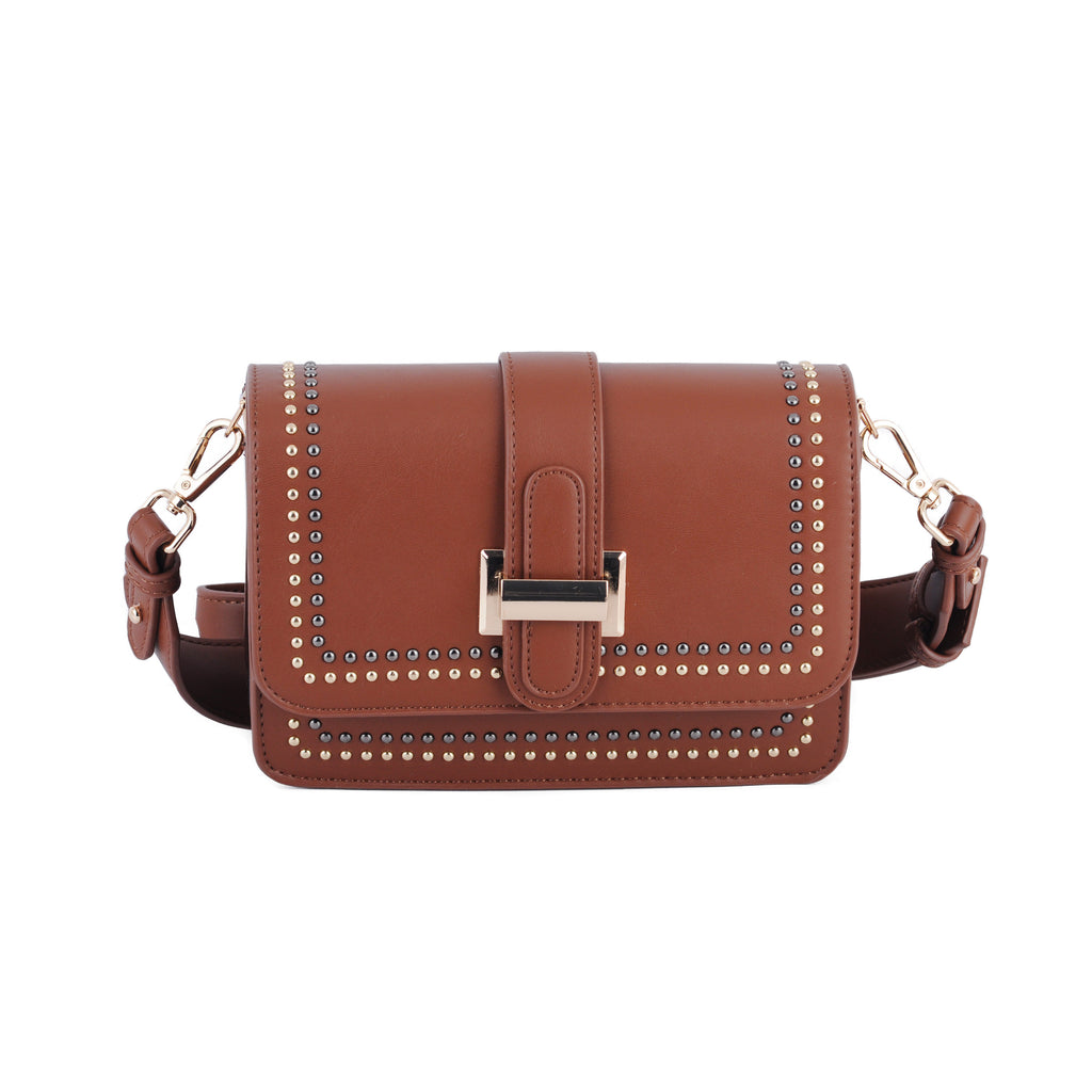Front of Brown Gold and Silver Studded Camera Strap Crossbody | Most Wanted USA