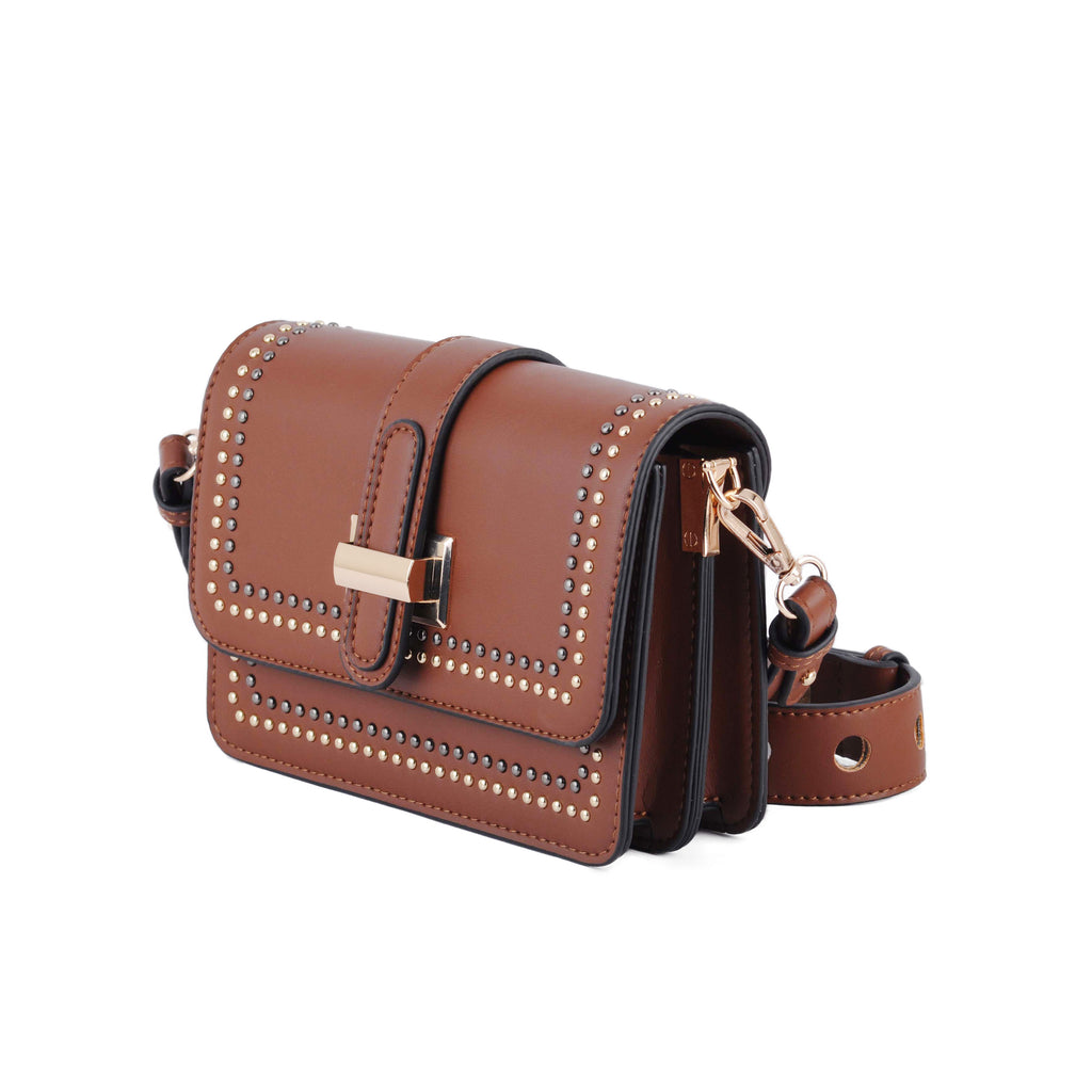Side of Brown Gold and Silver Studded Camera Strap Crossbody | Most Wanted USA
