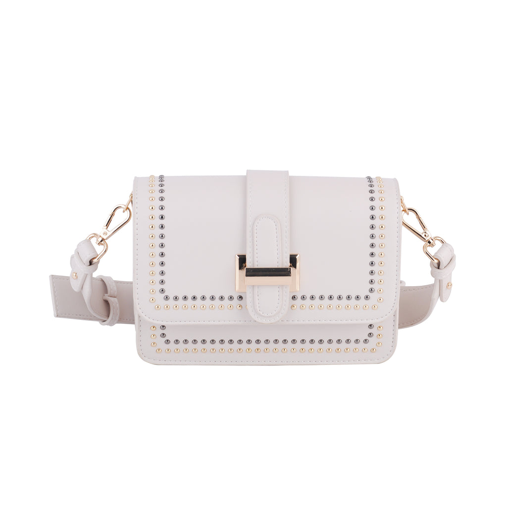Front of Taupe Gold and Silver Studded Camera Strap Crossbody | Most Wanted USA