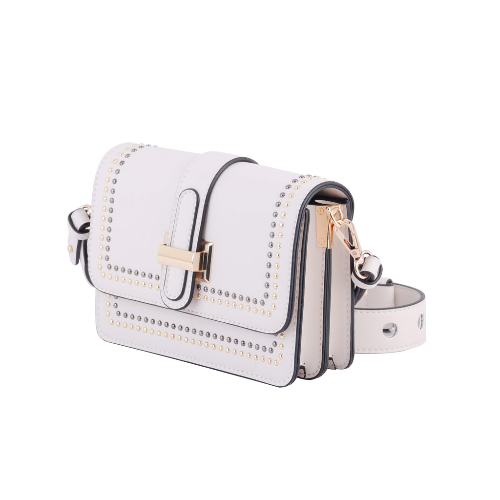 Side of Taupe Gold and Silver Studded Camera Strap Crossbody | Most Wanted USA