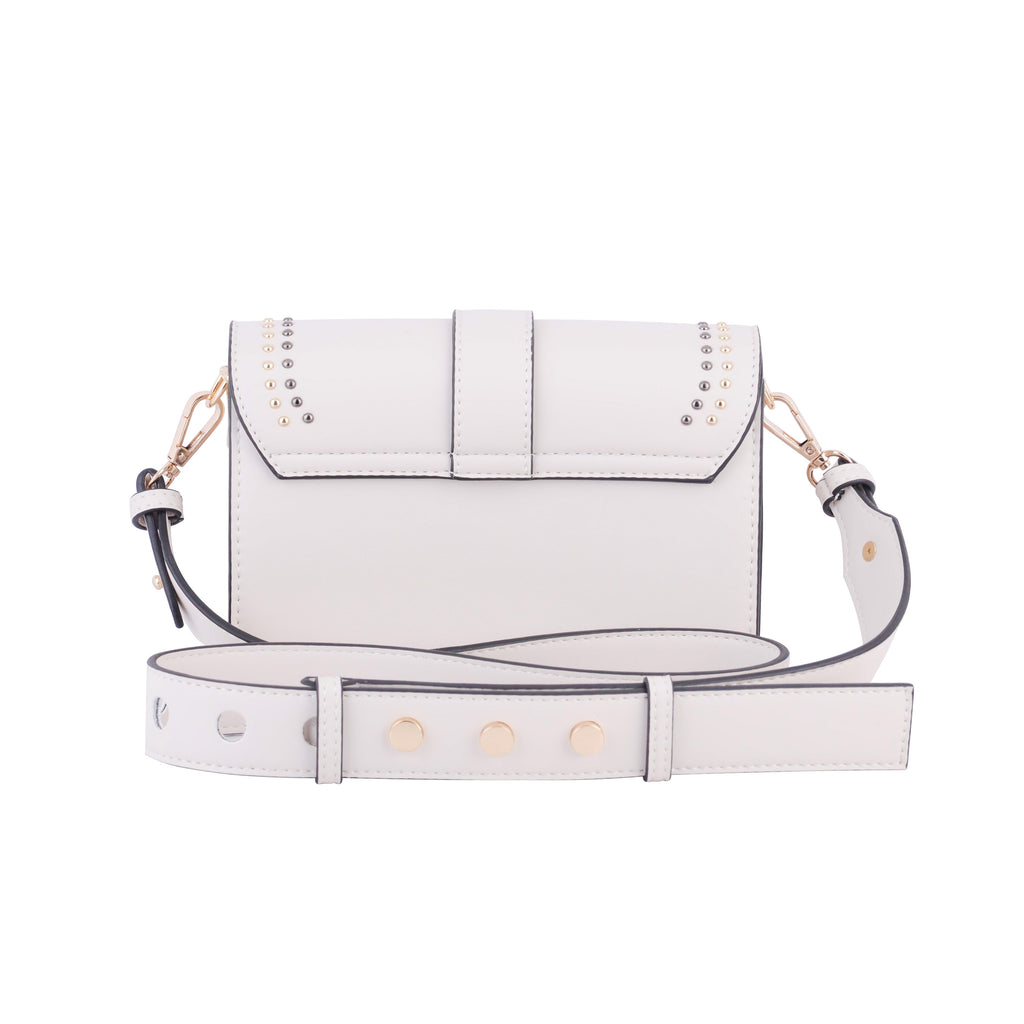 Back of Taupe Gold and Silver Studded Camera Strap Crossbody | Most Wanted USA