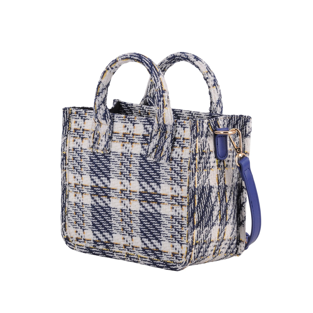 Side of Blue Top Handle Tweed Square Crossbody | Most Wanted USA