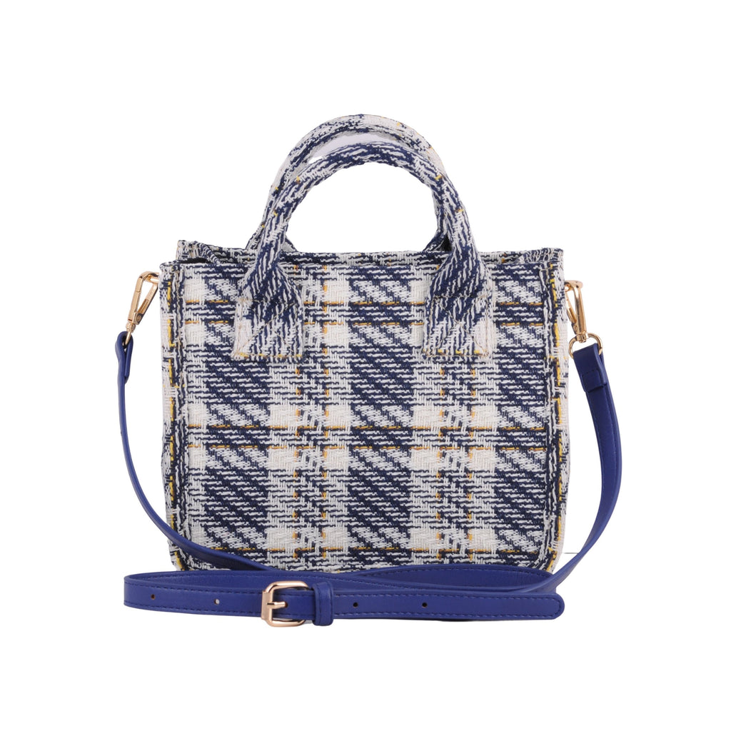 Back of Blue Top Handle Tweed Square Crossbody | Most Wanted USA