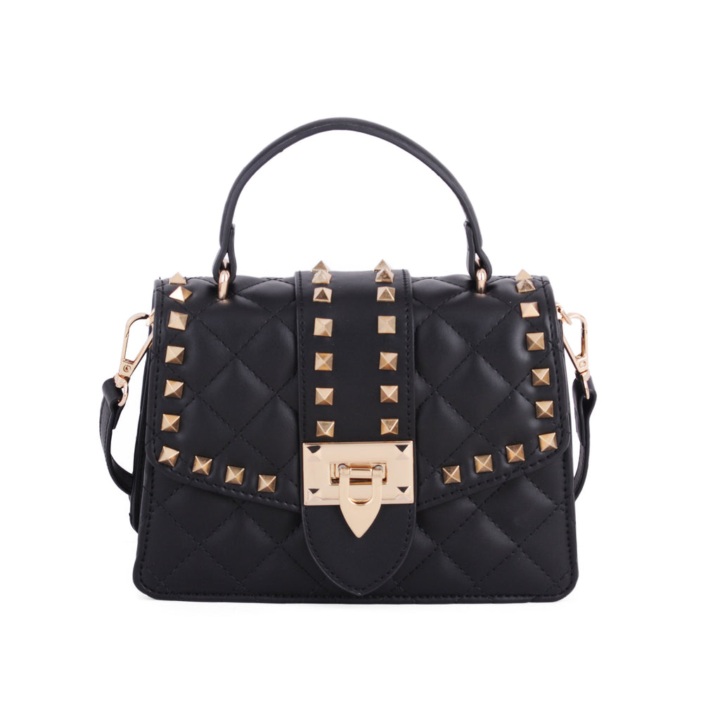 Front of Black Studded Puff Diamond Quilted Top Handle Satchel Crossbody | Most Wanted USA