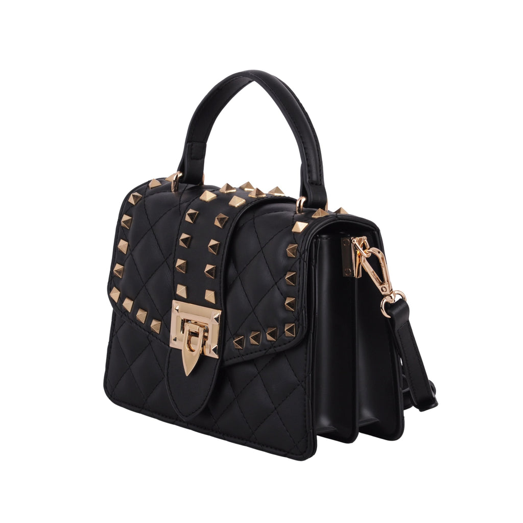 Side of Black Studded Puff Diamond Quilted Top Handle Satchel Crossbody | Most Wanted USA