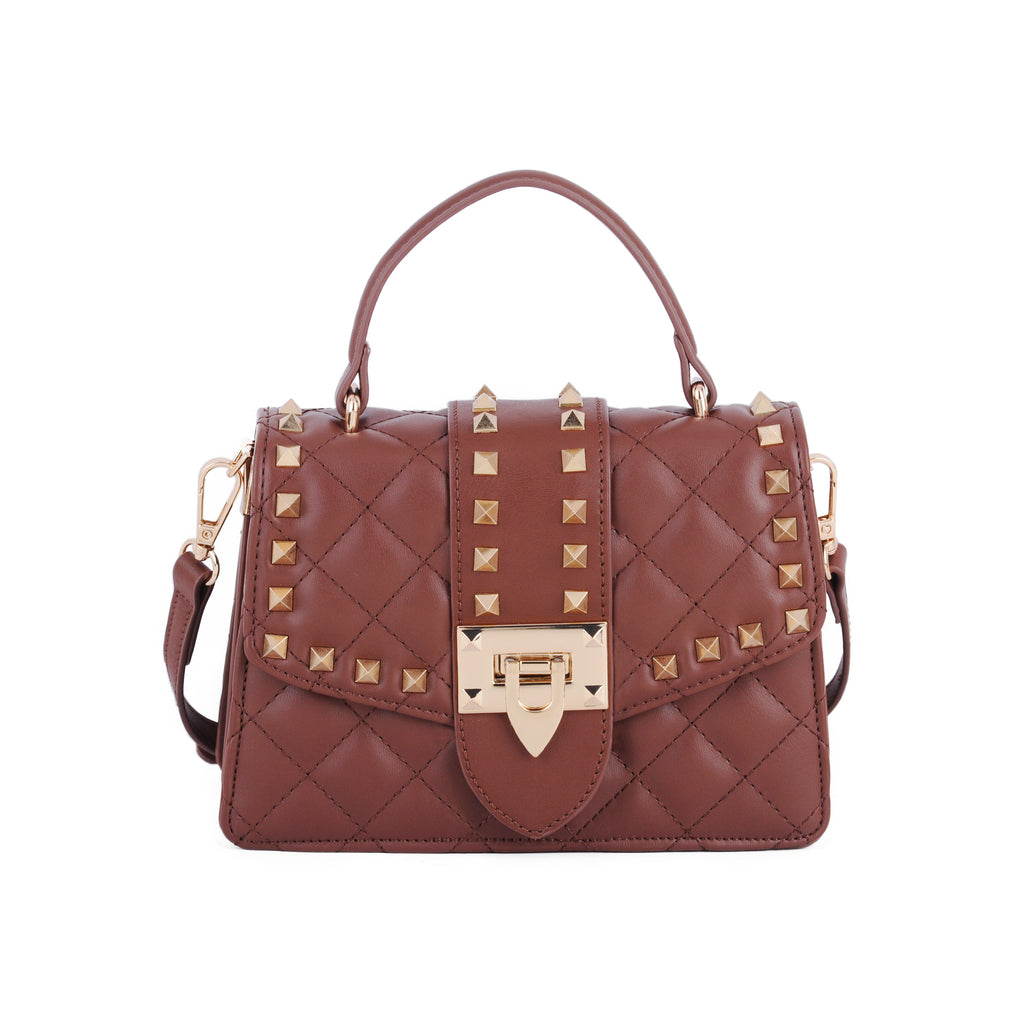 Front of Brown Studded Puff Diamond Quilted Top Handle Satchel Crossbody | Most Wanted USA