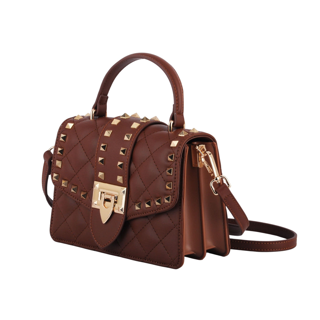 Side of Brown Studded Puff Diamond Quilted Top Handle Satchel Crossbody | Most Wanted USA
