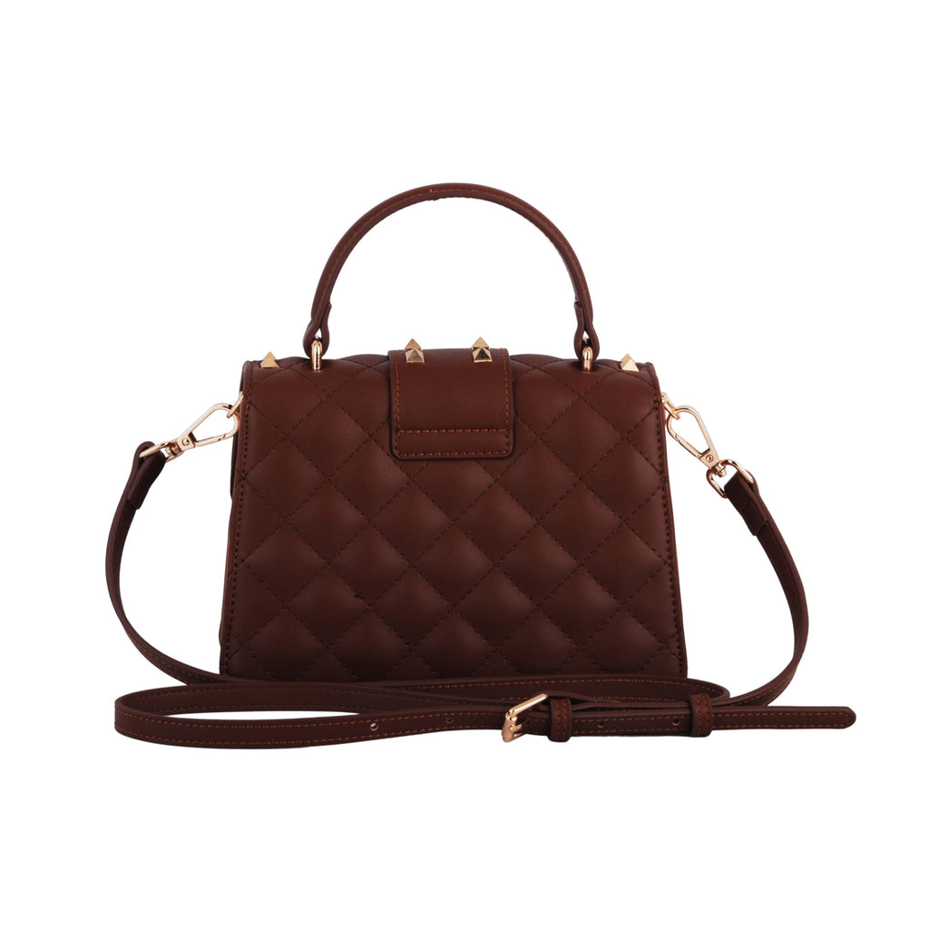 Back of Brown Studded Puff Diamond Quilted Top Handle Satchel Crossbody | Most Wanted USA